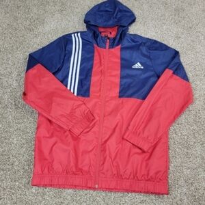 Adidas Navy and Red Hooded Full Zip Long Sleeve Wind Breaker Jacket